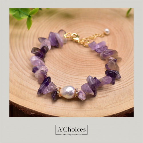 سوار مصنوع يدوياً من النحاس المطلي بالذهب عيار 18 مع اللؤلؤ الزراعي وحجر الجمشت قابلة للتعديل بطول 19,5 سم