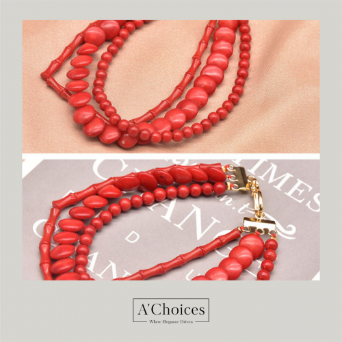 سوار مصنوع يدويا من النحاس المطلي بالذهب عيار 18 بثلاث طبقات من حجر المرجان