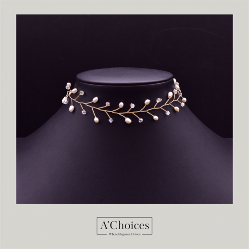 قلادة تشوكر مصنوع يدويا من النحاس المطلي بالذهب عيار 18 مع اللؤلؤ الزراعي والكريستال