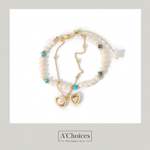 اسواره نسائيه مزدوج مطلي بالذهب مع اللؤلؤ والصدف والأحجار