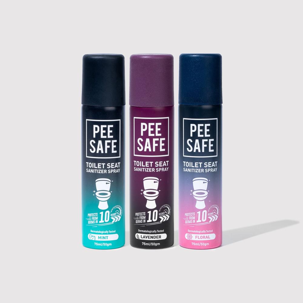 PEESAFE Toilet Hygiene Family Combo | Pack of 3 Toilet Seat Sanitizer Spray Assorted (75 Ml) With 2 Disposable Toilet Seat Cover (10 N) | Protects Against Germs | Easy To Carry | Travel Friendly Pack