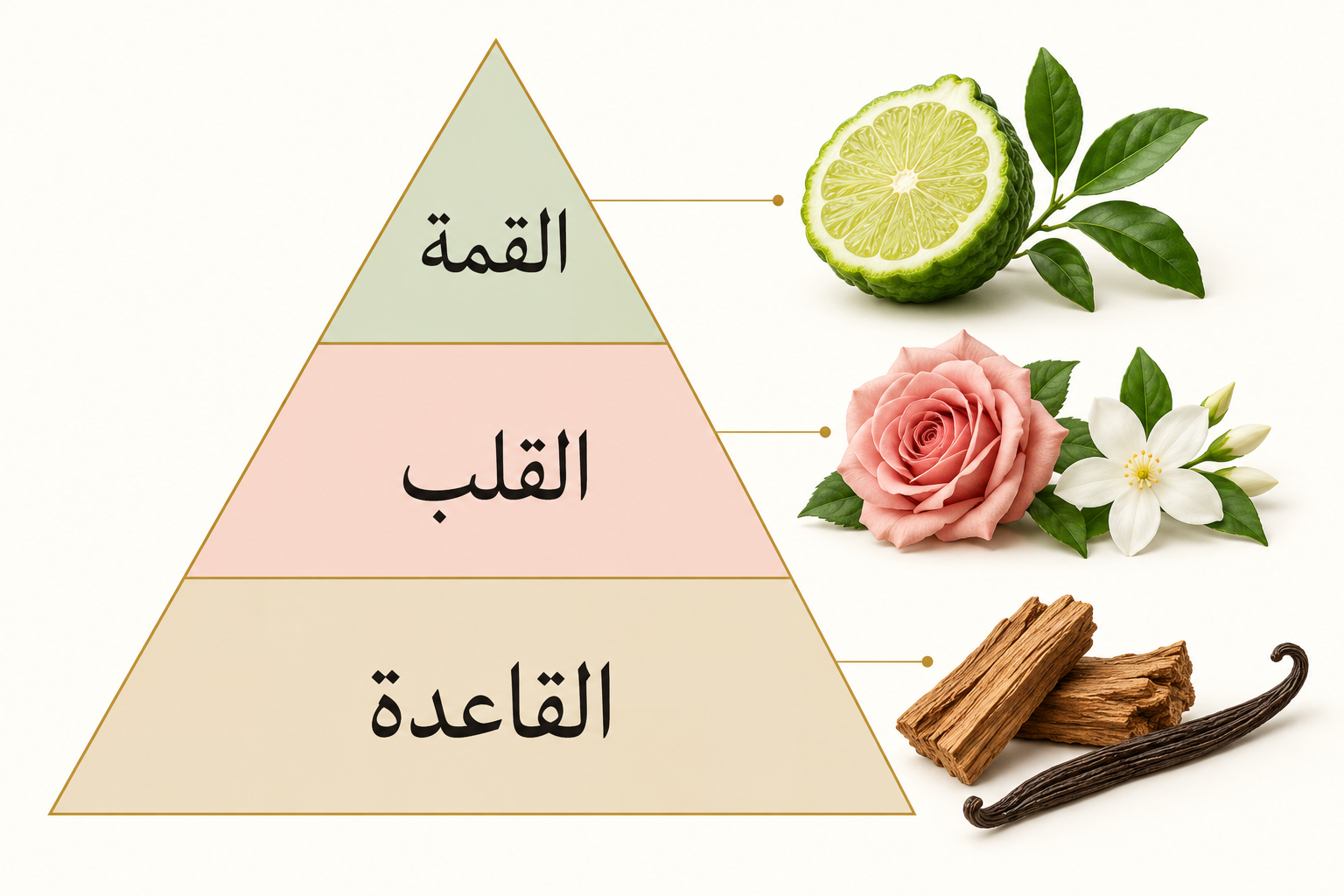 رسم توضيحي لطبقات الهرم العطري: القمة والقلب والقاعدة مع أمثلة للنوتات