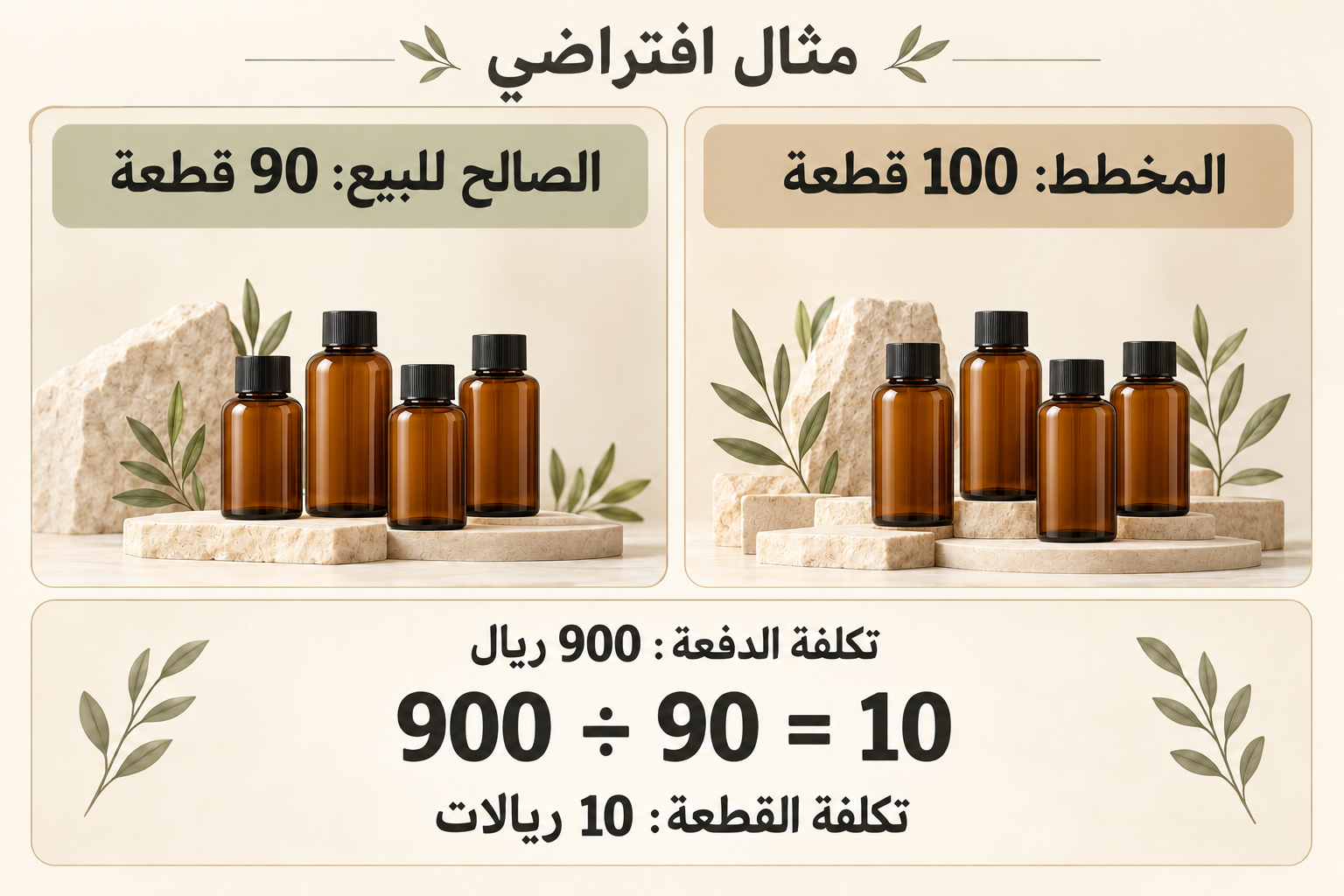 مثال افتراضي يوضح قسمة تكلفة دفعة مقدارها 900 ريال على 90 قطعة صالحة للبيع لتكون تكلفة القطعة 10 ريالات