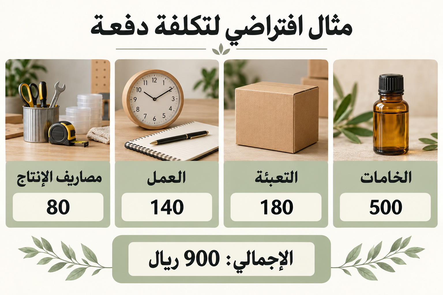 مثال افتراضي لتكاليف دفعة عطرية: خامات وتغليف وعمل ومصاريف إنتاج بإجمالي 900 ريال