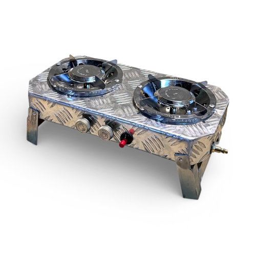 موقد غاز عينين 2 ، مصنوع من الاستيل كذلك مضاف له زند ويجي معاه حقيبة جميلة وانيقة للي يحبون الجودة والمتانة