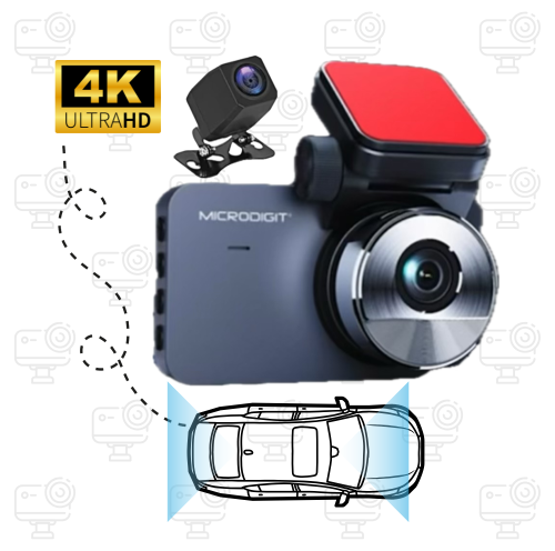 كاميرا داش كام 4K (ضمان سنتين) من مايكروديجيت® امامي وخلفي – دقة عالية و جودة عالية