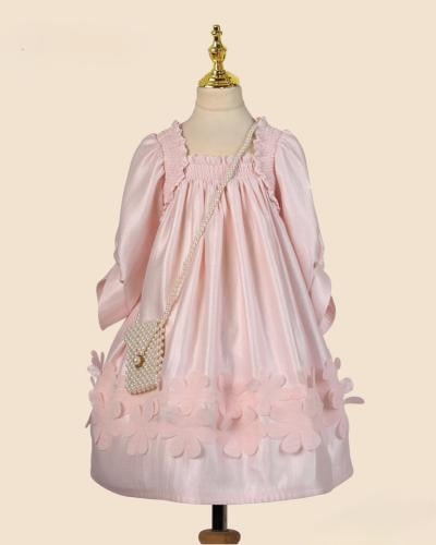 فستان وردي كم طويل  + شنطة