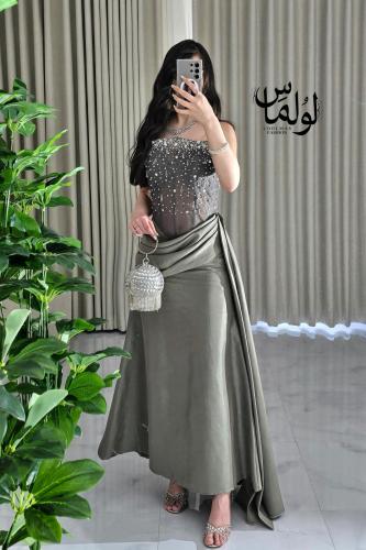 فستان سهره توب مزين بالكرستال لون زيتي