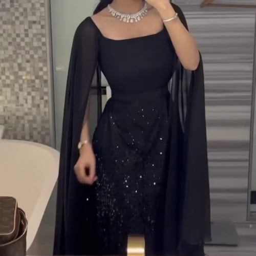 فستان سهرة كم شيفون بريش باللون الاسود
