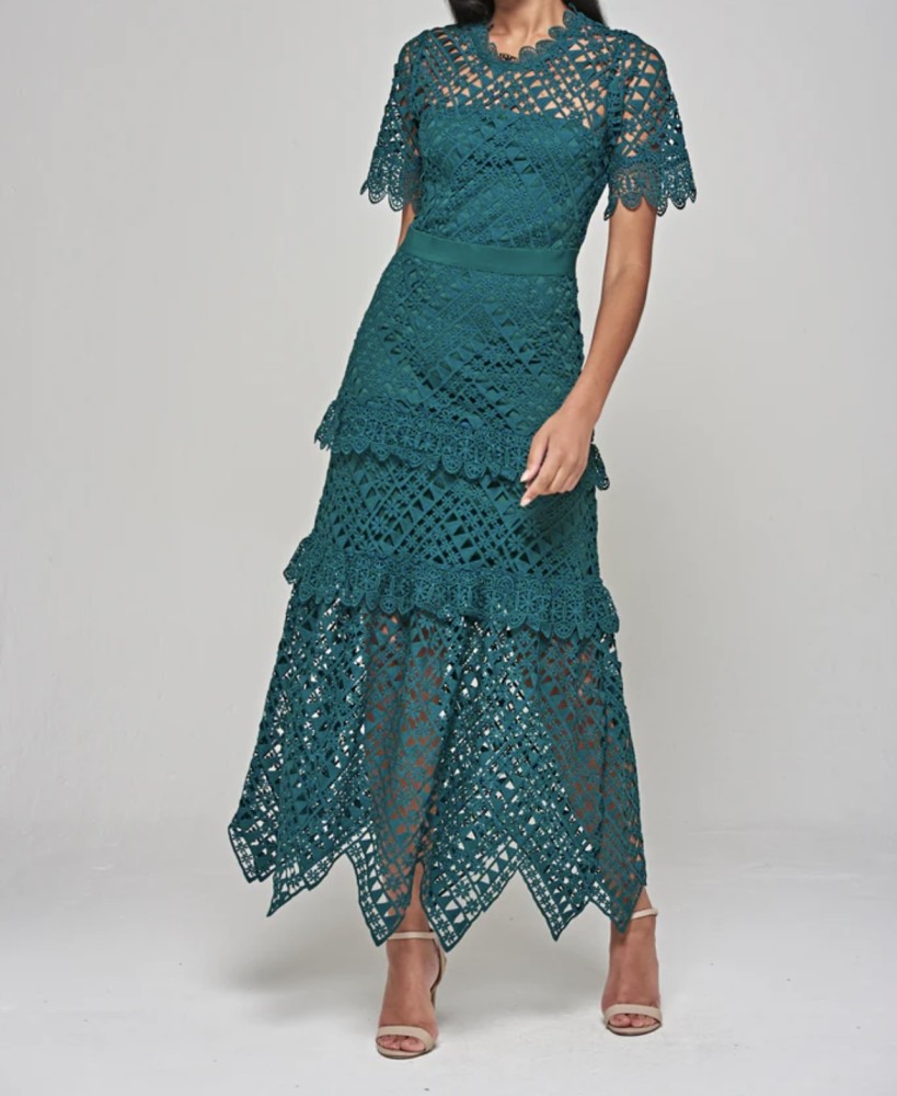 green crochet lace dress Long Sleeve Green Modest Chiffon Dress with Exclusive Pattern – HAREM's  Brides main image 0