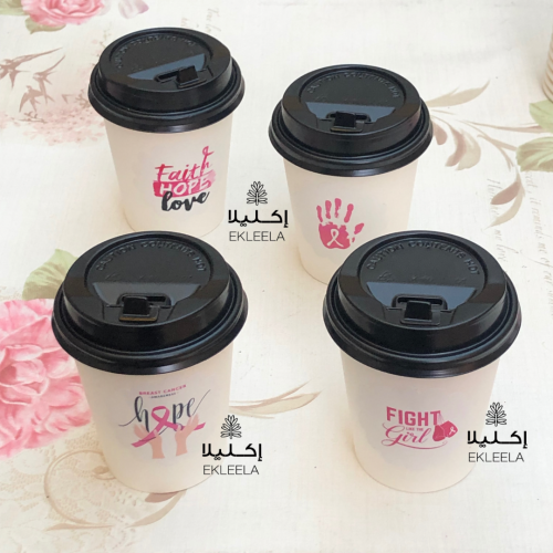 توزيعات أكواب ورقيه مع تعبيه بثيم التوعيه عن سرطان الثدي ( 12 حبه )