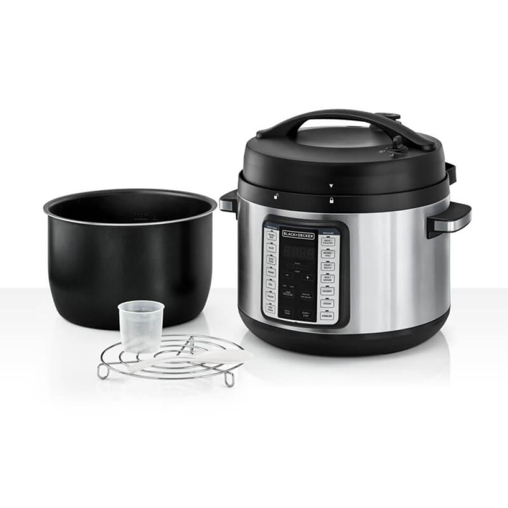 قدر ضغط بلاك اند ديكر 10L PRESSURE COOKER 10 لتر كهربائي حجم عائلي 1350 واط  سعة  9 في 1  يستبدل 9 من أدوات الضغط مثل طباخ الارز  يطبخ عدة وجبات في كل طبق و يكفي 12 شخص  ألومنيوم  فضي  0 صنع في الصين PCP1010-B5