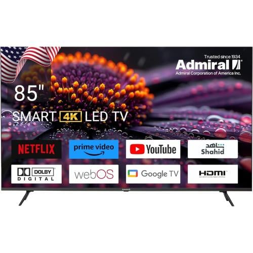 تلفزيون ال أي دي ادميرال  85 بوصة  4K Ultra HD ذكية بنظام أندرويد Wi-Fi مدمج ومنافذ HDMI.  صنع في الصين ADL85UWOSAC