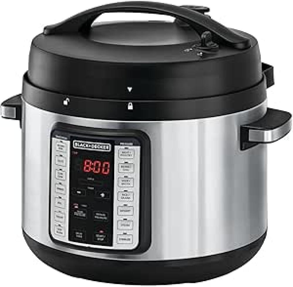 قدر ضغط بلاك اند ديكر 10L PRESSURE COOKER 10 لتر كهربائي حجم عائلي 1350 واط  سعة  9 في 1  يستبدل 9 من أدوات الضغط مثل طباخ الارز  يطبخ عدة وجبات في كل طبق و يكفي 12 شخص  ألومنيوم  فضي  0 صنع في الصين PCP1010-B5