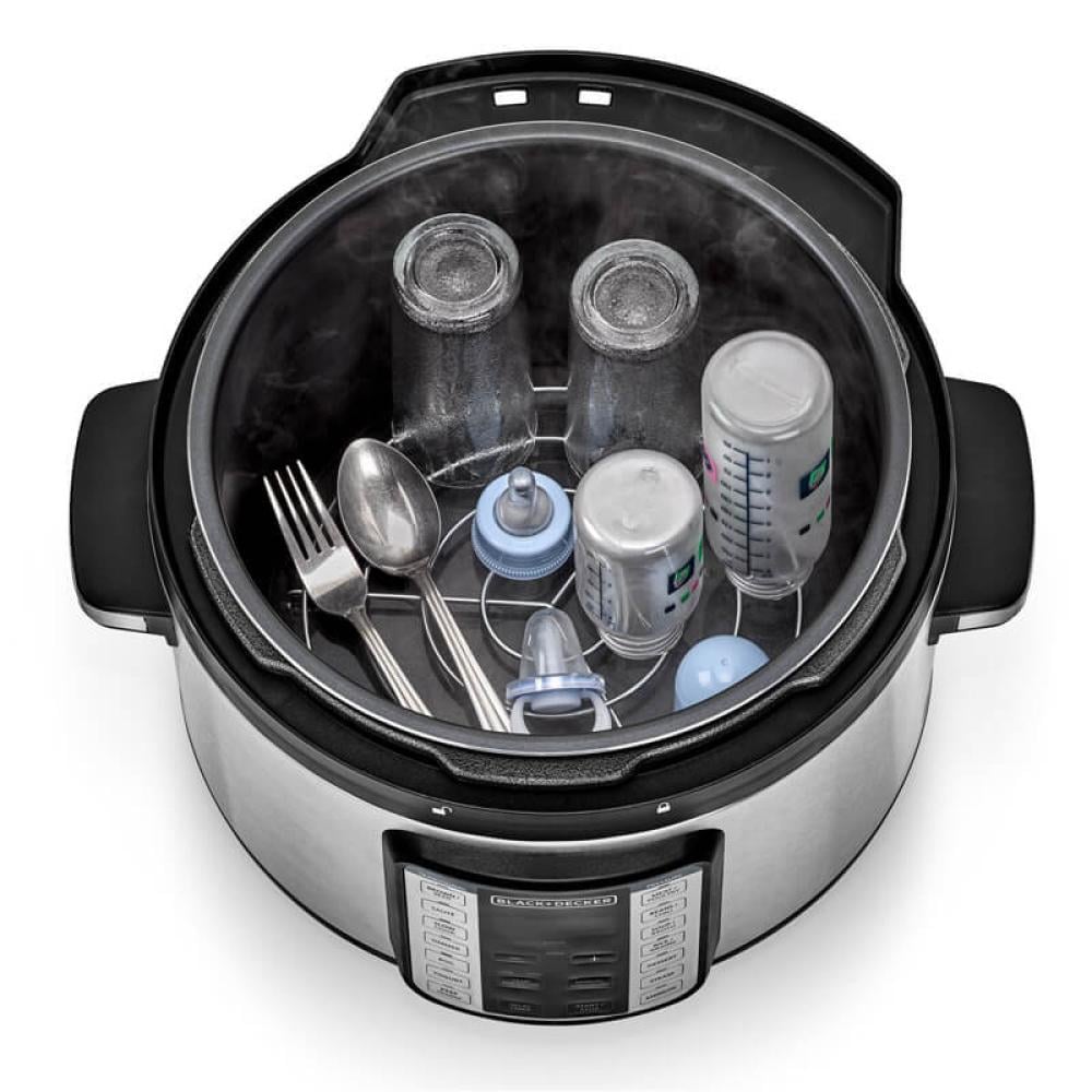 قدر ضغط بلاك اند ديكر 10L PRESSURE COOKER 10 لتر كهربائي حجم عائلي 1350 واط  سعة  9 في 1  يستبدل 9 من أدوات الضغط مثل طباخ الارز  يطبخ عدة وجبات في كل طبق و يكفي 12 شخص  ألومنيوم  فضي  0 صنع في الصين PCP1010-B5