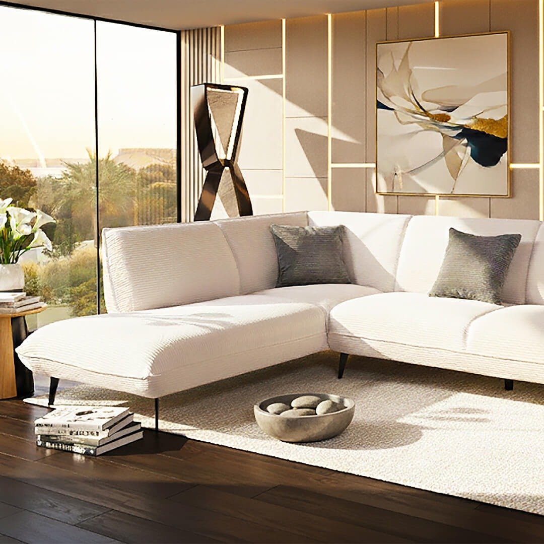 طقم كنب زاوية سونير مع كرسي مفرد أبيض