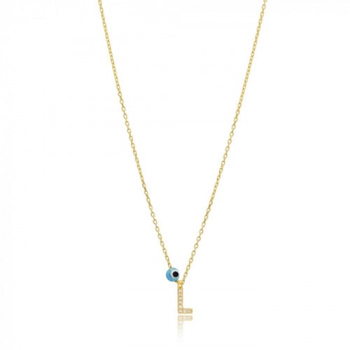 قلادة جذابة وبراقة بلمعة الذهب مزينة بحرف L والخرزة الزرقاء -من مجموعة نفيس هدايا مجوهرات هدية نسائية فاخرة L 6784