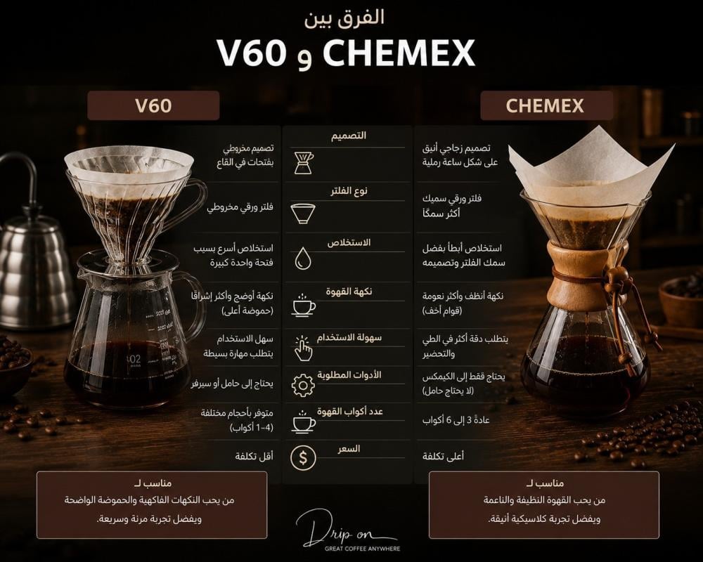 الفرق بين كيمكس و V60: الدليل الشامل لاختيار أفضل طريقة تحضير للقهوة المختصة