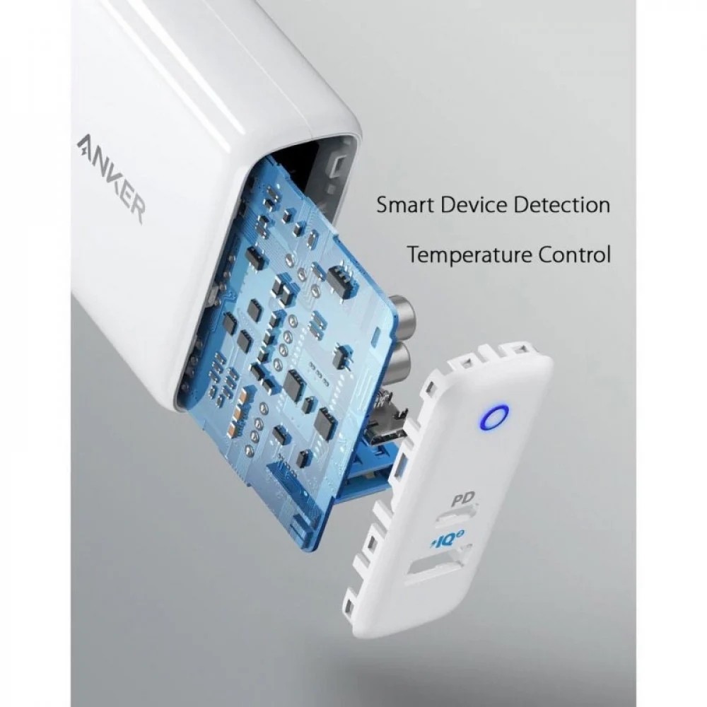شاحن جداري انكر باور بورت بقوة 35 واط بمنفذين USB-C و USB-A - يدعم الشحن السريع أبيض