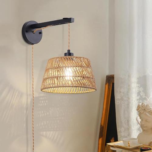 مصابيح حائط من Jaycomey Rattan لغرفة النوم، مصابيح...