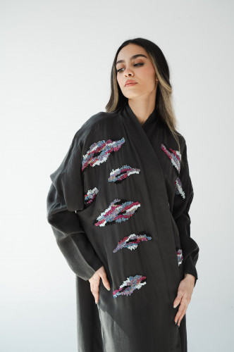 Black Washed Silk Abaya With Embroidery
