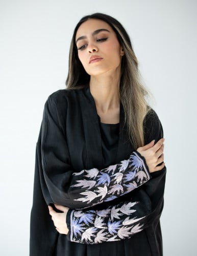 Black Washed Silk Abaya With Embroidery
