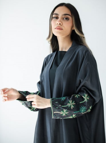 Black Washed Silk Abaya With Embroidery