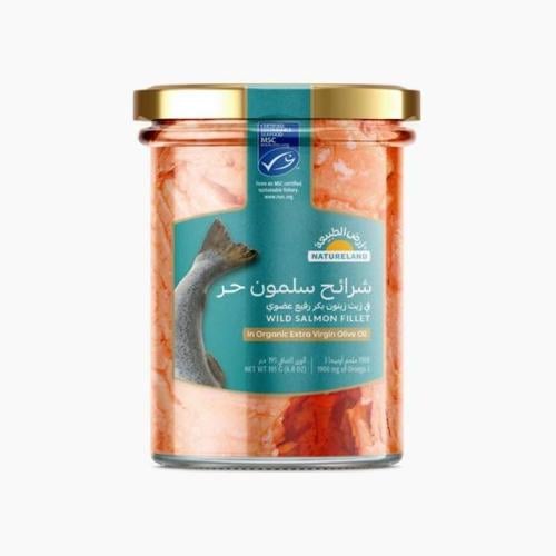 شرائح سلمون حر في زيت زيتون بكر رفيع عضوي 195جم