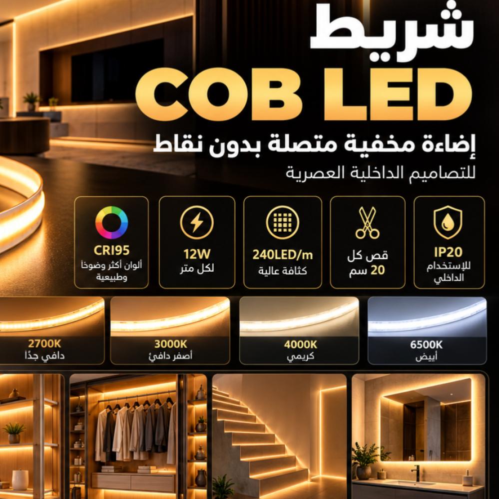 شريط إضاءة CRI95  COB LED   بدون نقاط | دليلك للإضاءة المخفية العصرية
