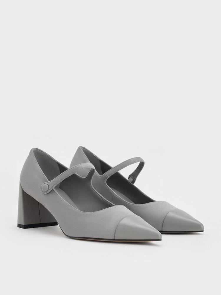 Faux Suede Cap Toe Pointed Mary Jane Pumps Charles and Keith