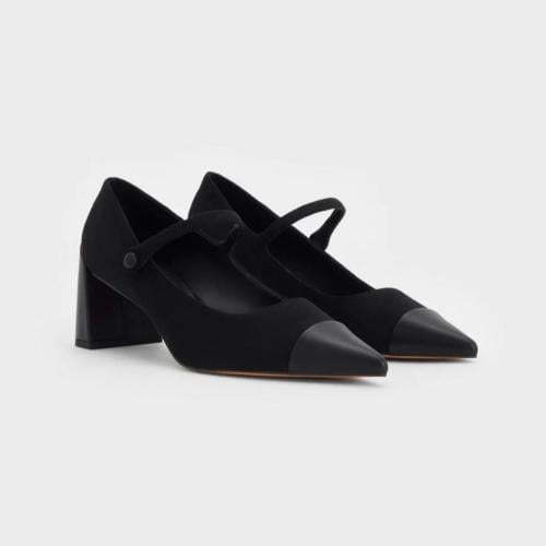 Faux Suede Cap-Toe Pointed Mary Jane Pumps - Charl...