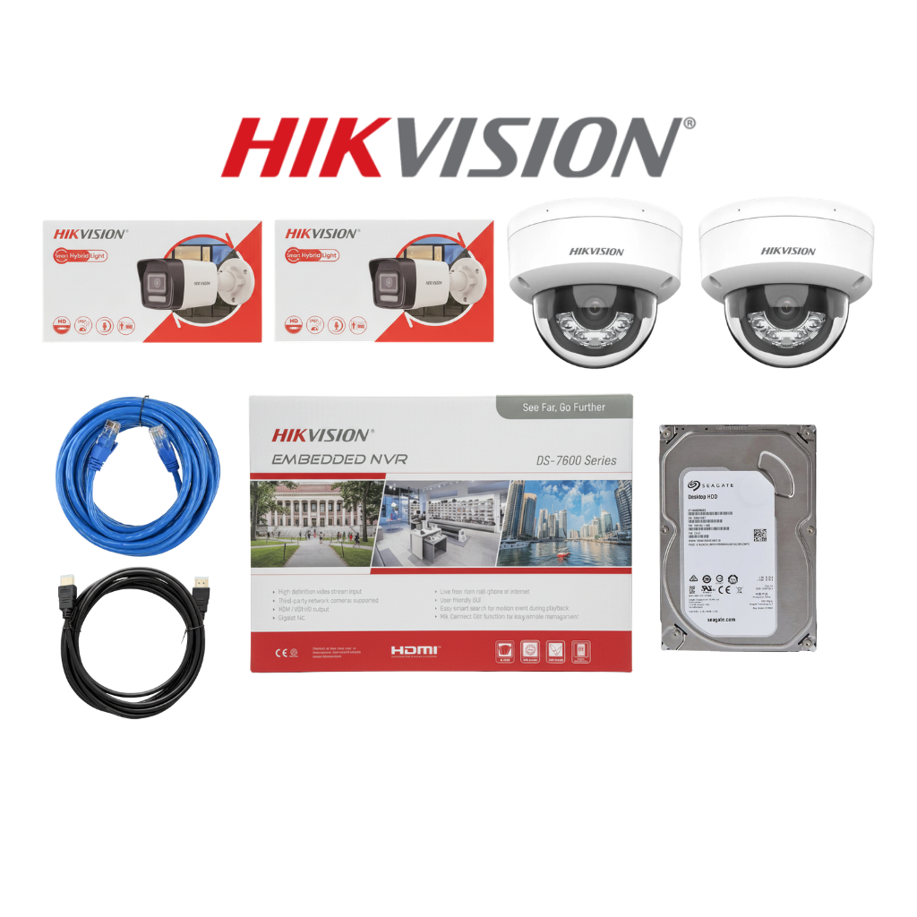HIKVISION IP باقة 4 كاميرات مراقبة خارجي وداخلي بدقة 6mp شامل ملحقاتها