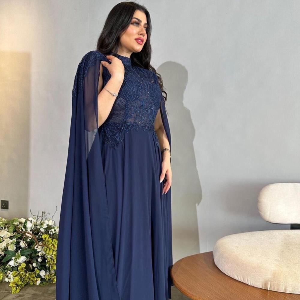 فستان شيفون ملكي بتطريز واكمام طويلة