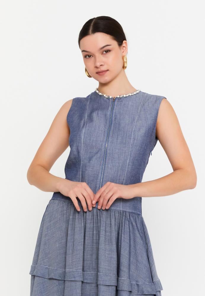 فستان دنيم طبقات طويل