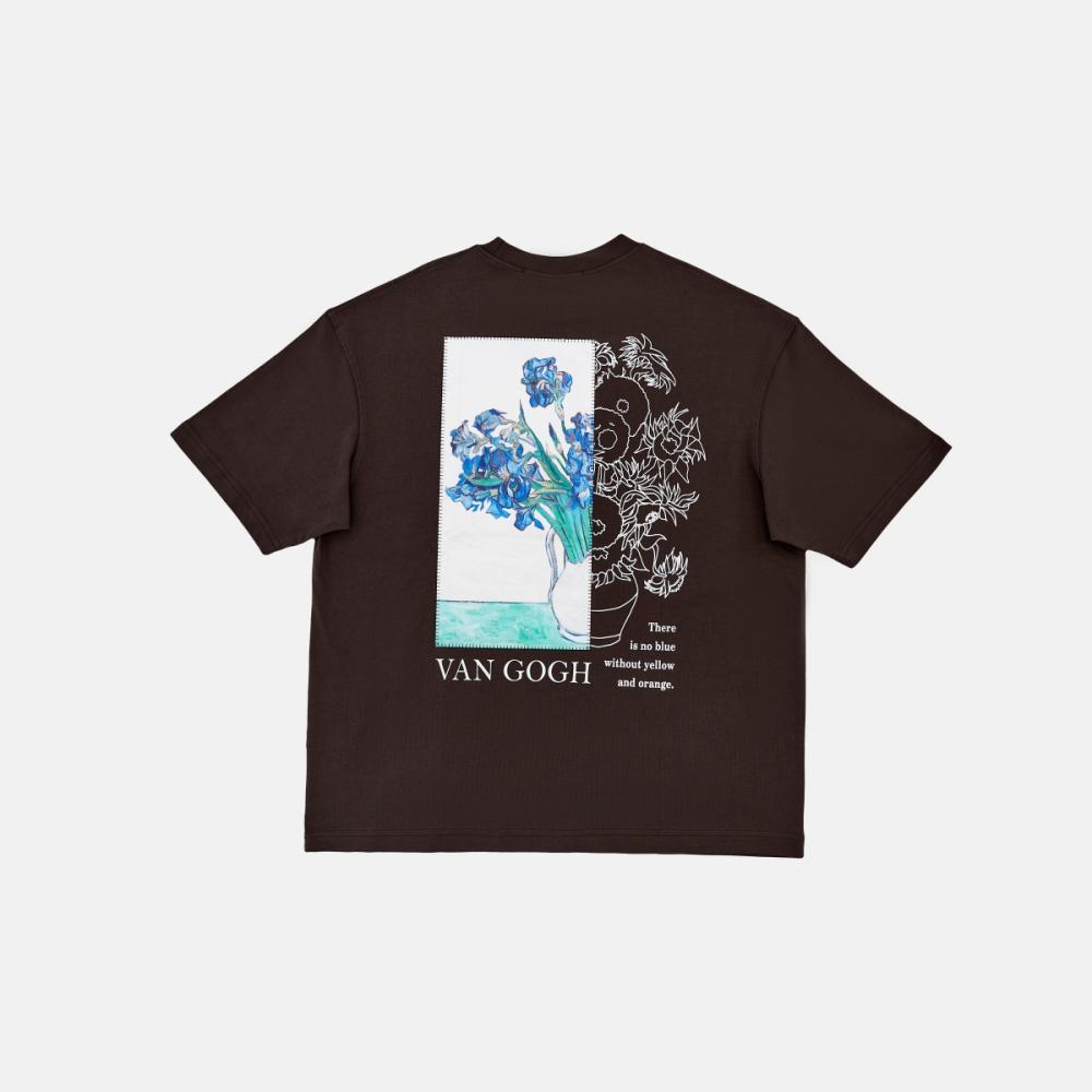 Oversized brown T-shirt with an artistic design inspired by the works of Van Gogh.