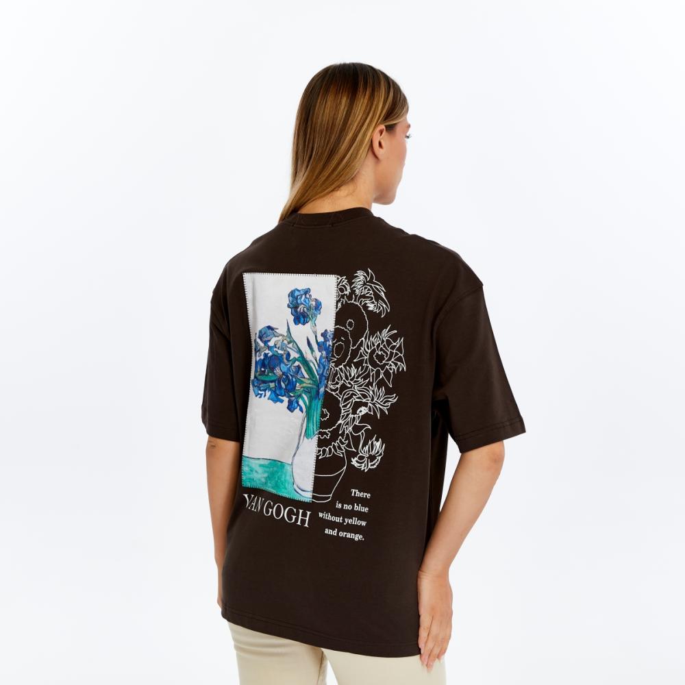 Oversized brown T-shirt with an artistic design inspired by the works of Van Gogh.