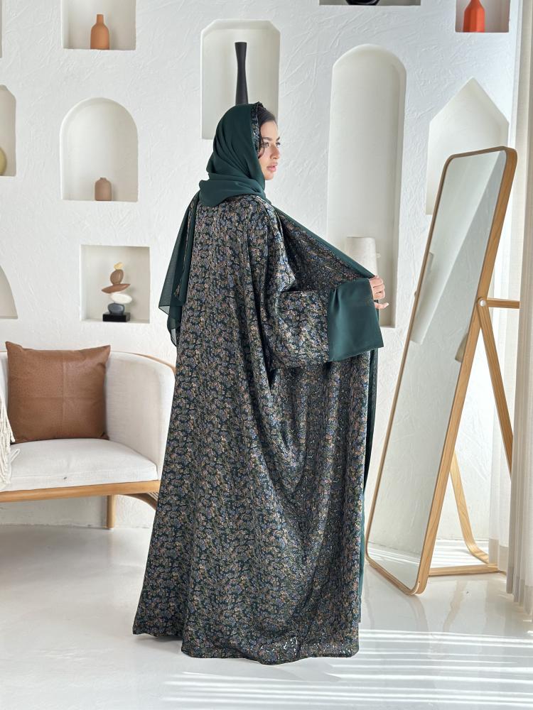 عباية شيفون مبطن أخضر غامق