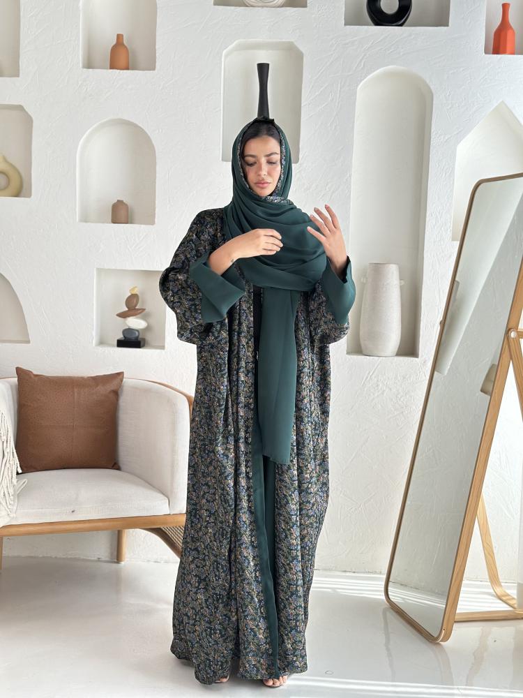 عباية شيفون مبطن أخضر غامق