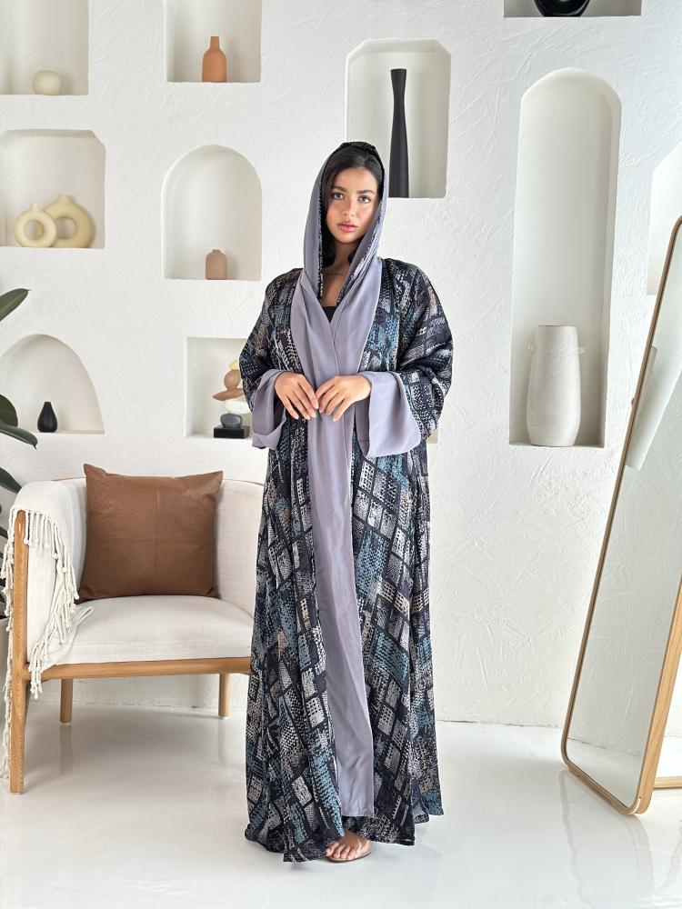 عباية شيفون مبطن رمادي فاتح بنقشة