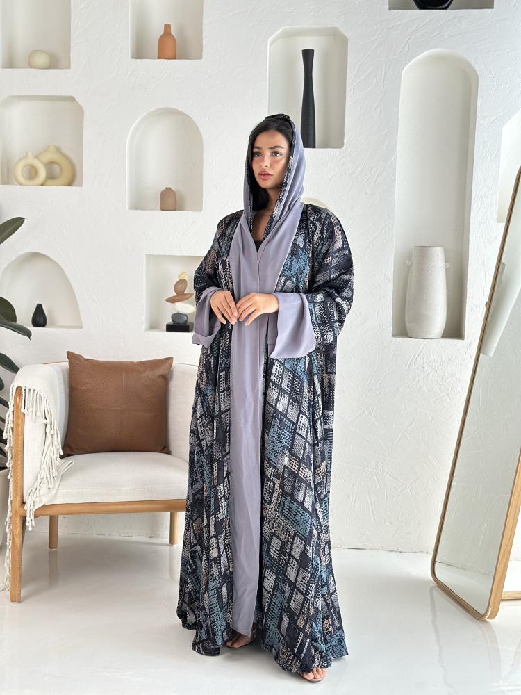 عباية شيفون مبطن رمادي فاتح بنقشة