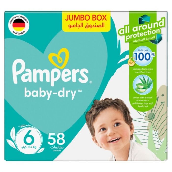 Pampers, Tape Diapers, Aloe Vera, Size 6, 13+ kg 58 Count