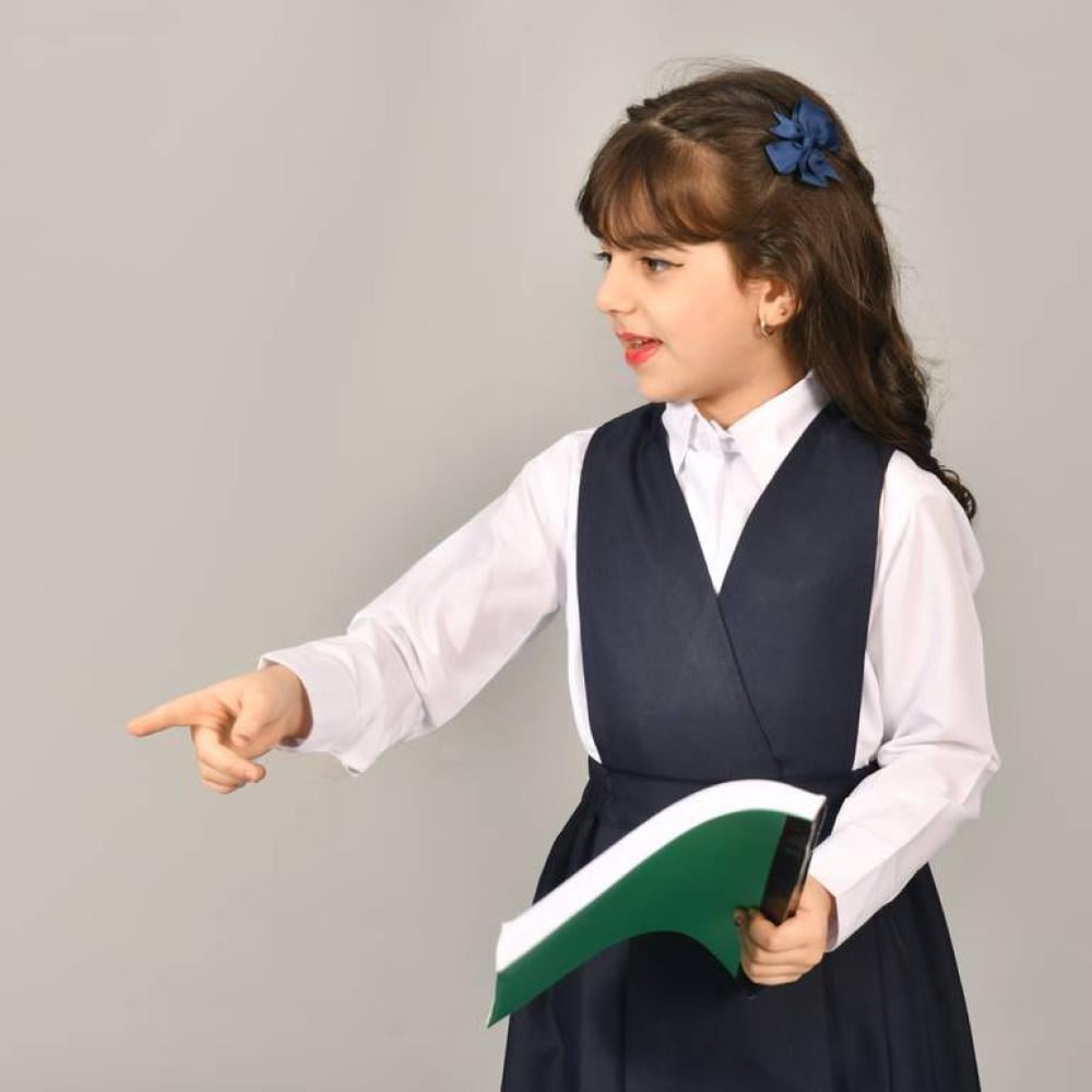 مريول روضة كحلي بخصر مزموم وكسرات جانبية
