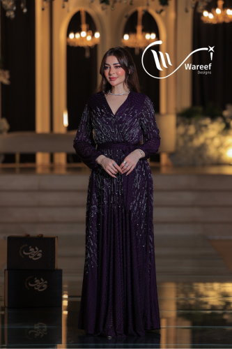 فستان سهرة بنفسجي طويل تطريز خرز فضي أكمام طويلة ح...