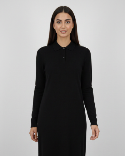 فستان أسود ميدي ناعم بياقة بولو 01