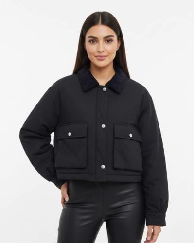 جاكيت منفوخ أسود بياقة مخملية فاخرة 01