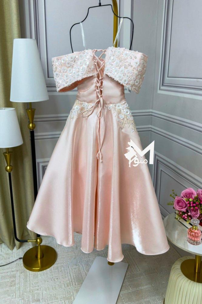 فستان قصير  سهره  ميكادو لمعه  مورد مع حبال من الضهر