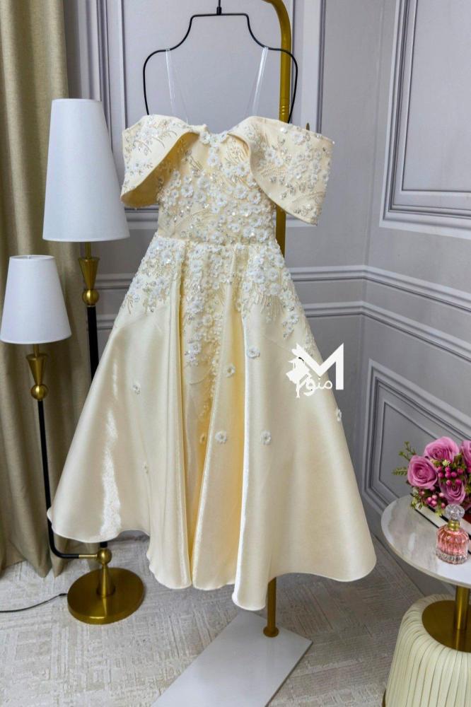 فستان قصير  سهره  ميكادو لمعه  مورد مع حبال من الضهر