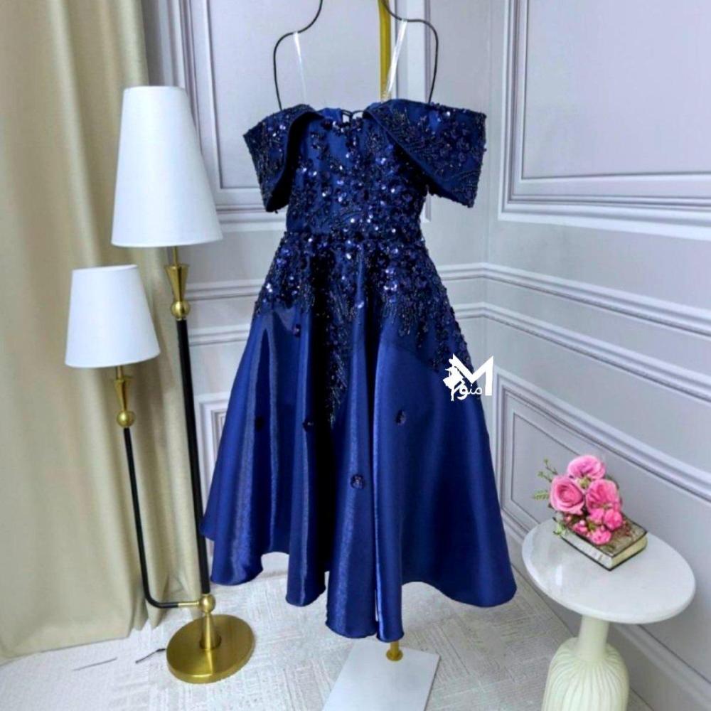 فستان قصير  سهره  ميكادو لمعه  مورد مع حبال من الضهر