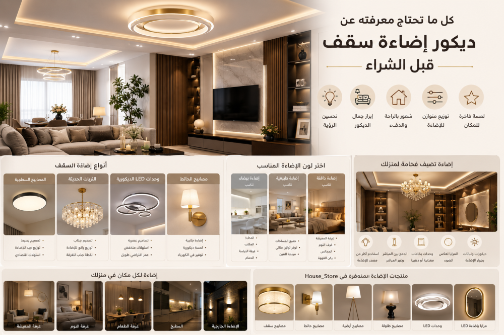 كل ما تحتاج معرفته عن ديكور إضاءة سقف قبل الشراء