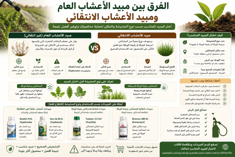 الفرق بين مبيد الأعشاب العام ومبيد الأعشاب الانتقائي